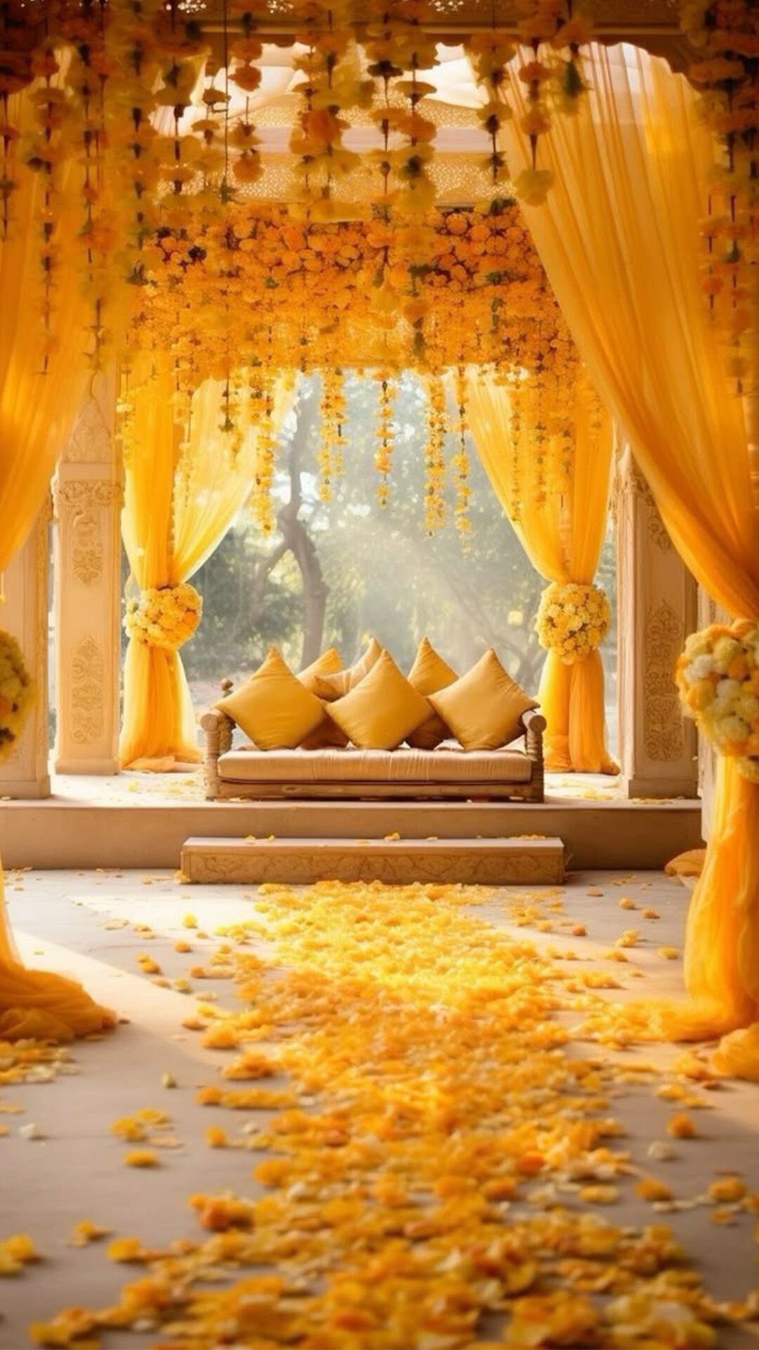 Bright and cheerful yellow-themed Haldi ceremony decoration for a joyful celebration.